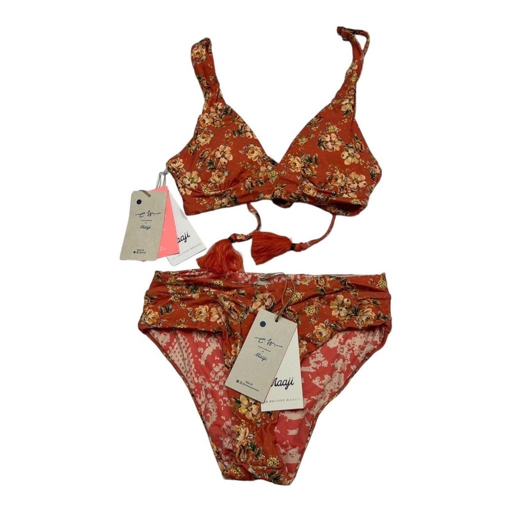Maaji Women S Bikini Swimsuit Floral Print Tie Straps Reversible Tassel Tropical